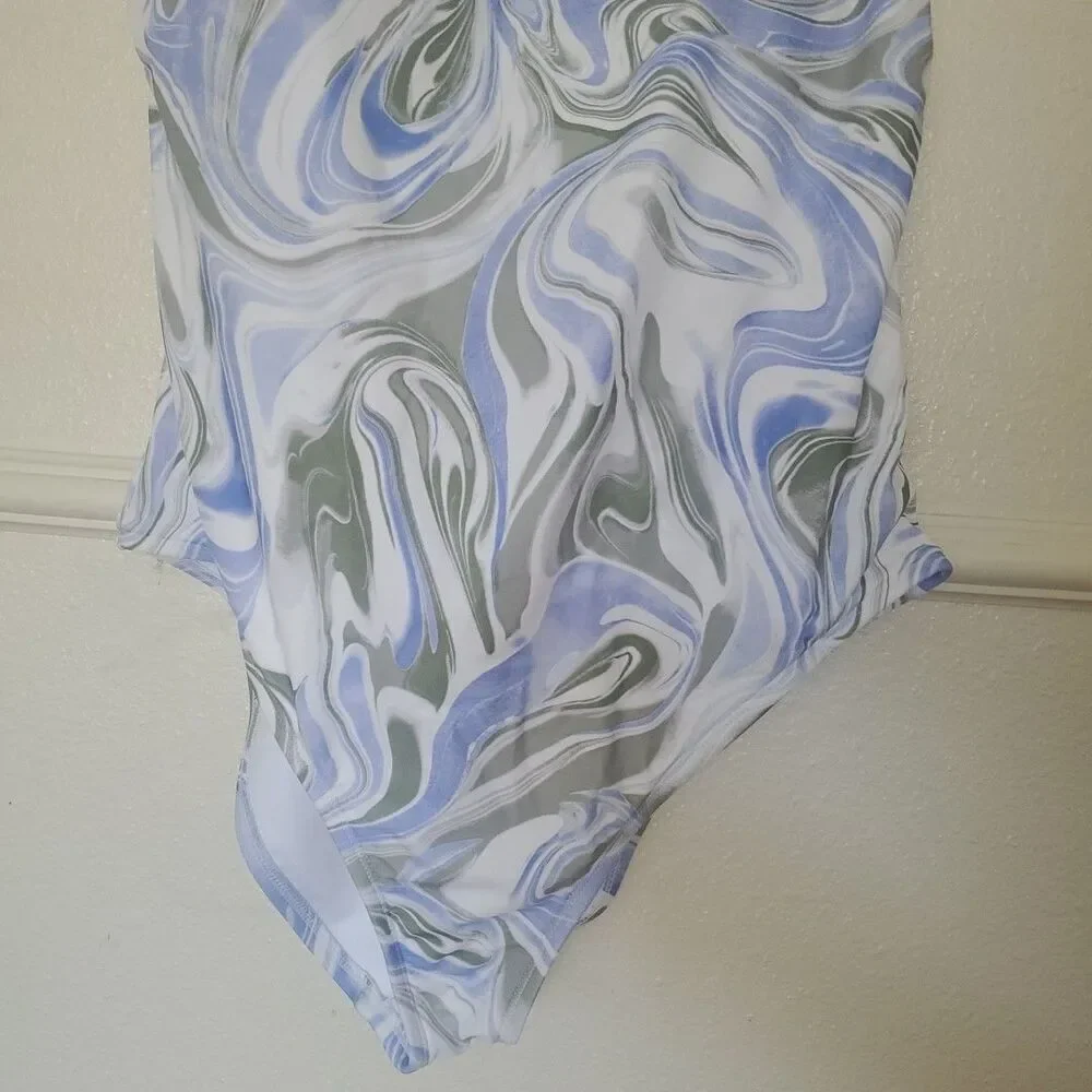 Hurley Womens XXL Marble Swirl One Piece Swimsuit Blue White Strappy Back XXL